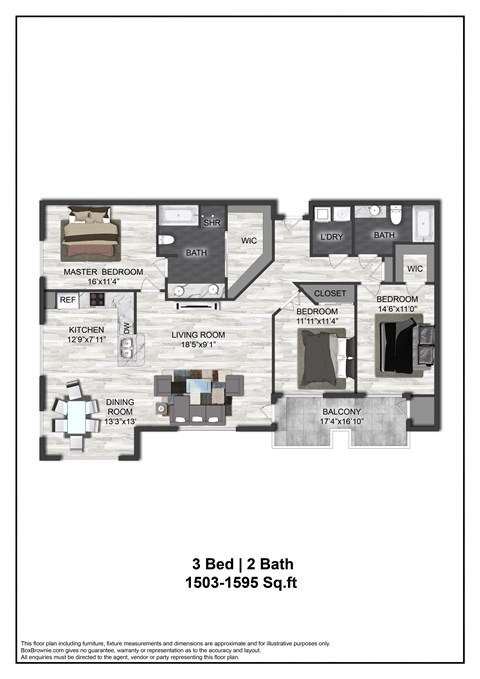 Floor plan for 3 beds, 2 baths, 1595 sqft
